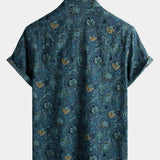 Short-Sleeve Paisley Vintage Floral Retro Button-Up Blue Summer Holiday Shirt