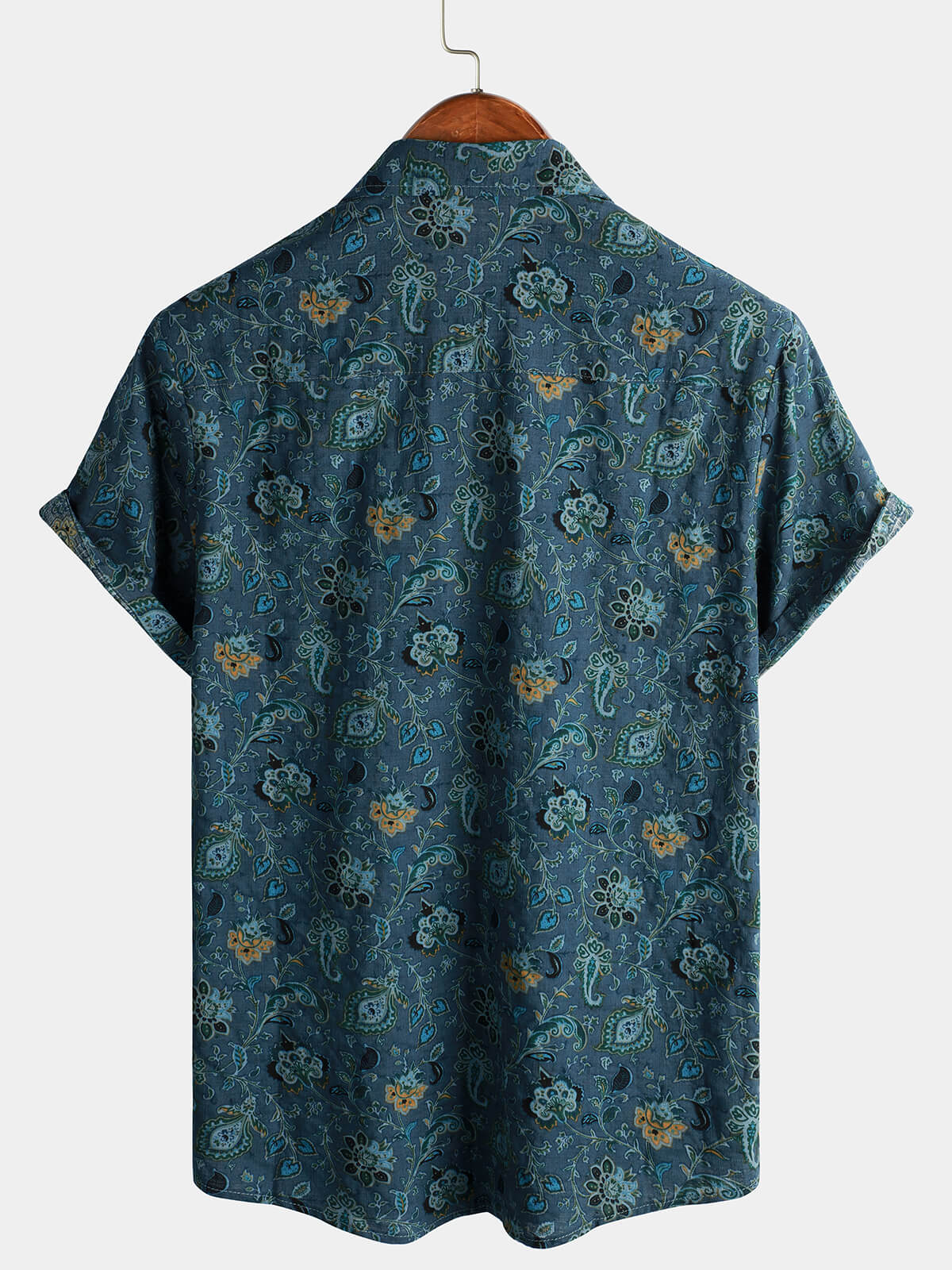 Short-Sleeve Paisley Vintage Floral Retro Button-Up Blue Summer Holiday Shirt