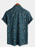 Short-Sleeve Paisley Vintage Floral Retro Button-Up Blue Summer Holiday Shirt