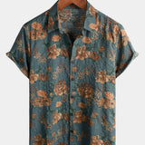Vintage Blue Summer Vacation Retro Floral Short-Sleeve Shirt
