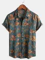 Vintage Blue Summer Vacation Retro Floral Short-Sleeve Shirt