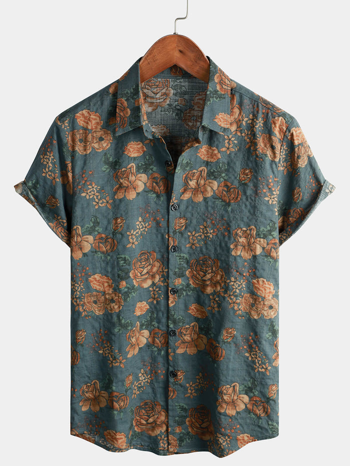 Vintage Blue Summer Vacation Retro Floral Short-Sleeve Shirt