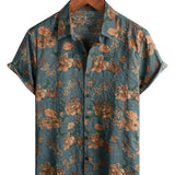 Blue Cotton Summer Shirt with Retro Floral Pattern for Men