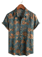 Blue Cotton Summer Shirt with Retro Floral Pattern for Men