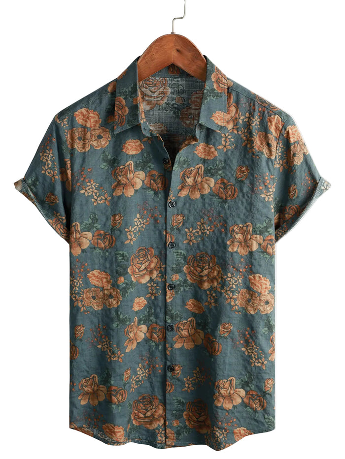 Blue Cotton Summer Shirt with Retro Floral Pattern for Men