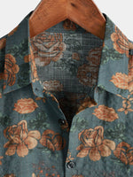Vintage Blue Summer Vacation Retro Floral Short-Sleeve Shirt