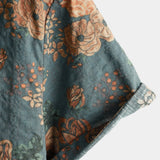 Vintage Blue Summer Vacation Retro Floral Short-Sleeve Shirt