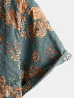 Vintage Blue Summer Vacation Retro Floral Short-Sleeve Shirt