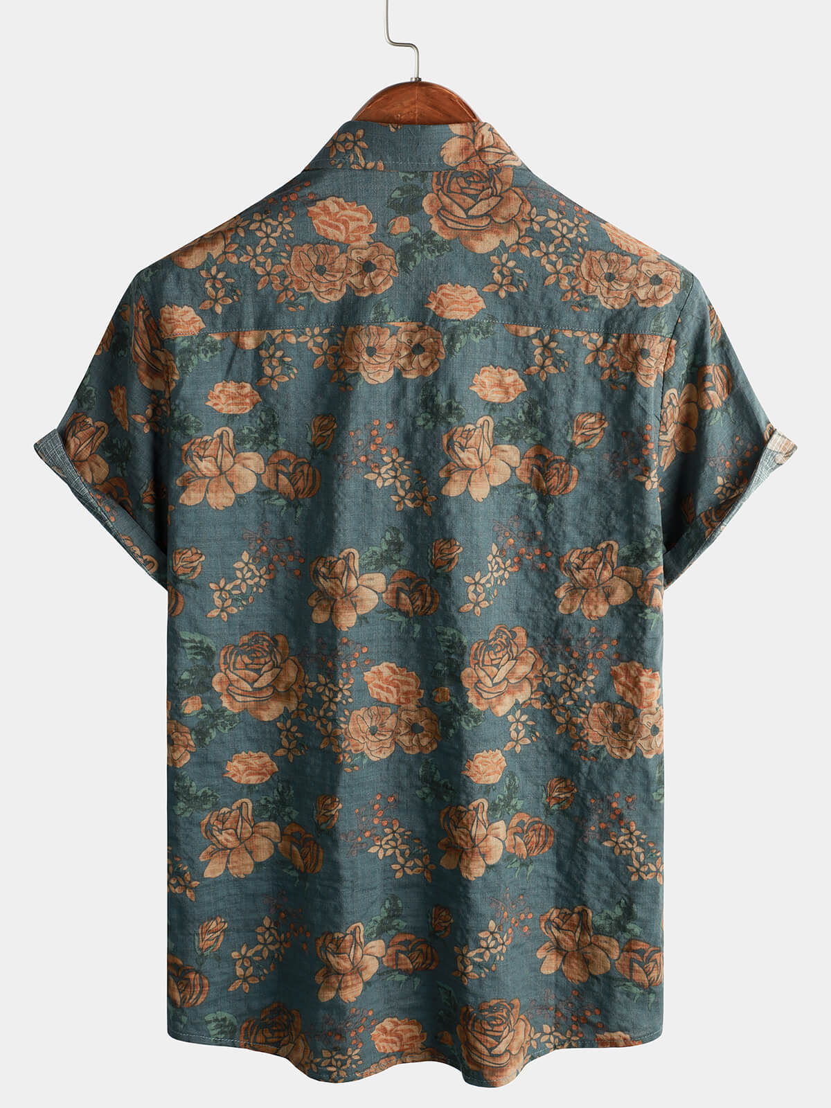 Vintage Blue Summer Vacation Retro Floral Short-Sleeve Shirt
