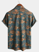 Vintage Blue Summer Vacation Retro Floral Short-Sleeve Shirt