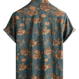 Blue Cotton Summer Shirt with Retro Floral Pattern for Men
