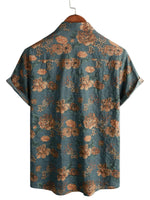 Blue Cotton Summer Shirt with Retro Floral Pattern for Men