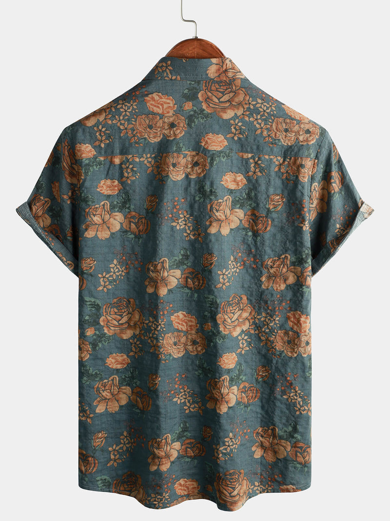 2-Pack | Vintage Blue Floral Short-Sleeve Retro Summer Vacation Shirt