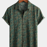 Short-Sleeve Vintage Paisley Print 70s Green Boho Retro Tribal Shirt