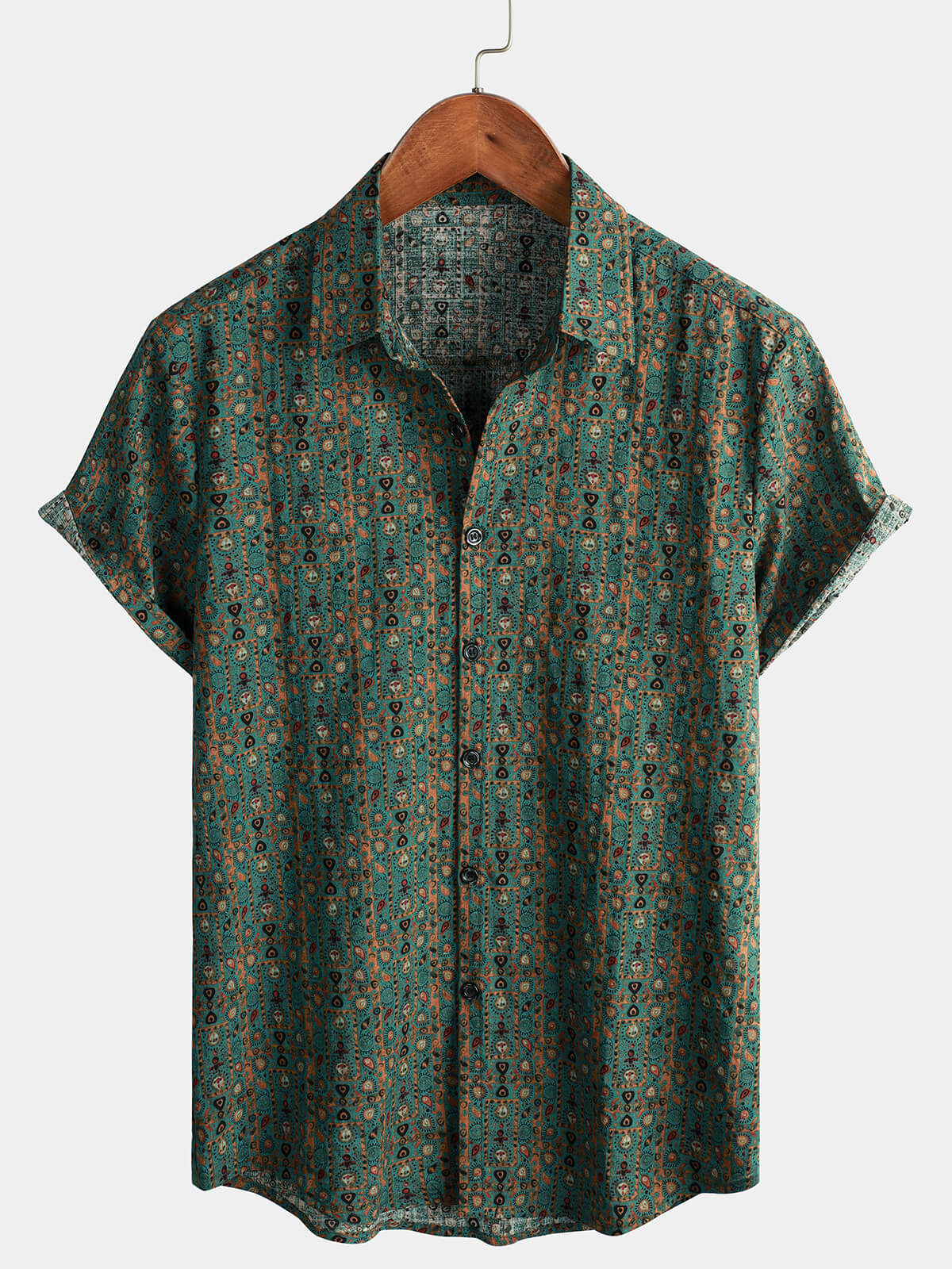 Short-Sleeve Vintage Paisley Print 70s Green Boho Retro Tribal Shirt