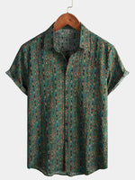 Short-Sleeve Vintage Paisley Print 70s Green Boho Retro Tribal Shirt