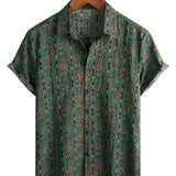 Men's Vintage Cotton Shirt in Paisley Pattern from the 70s, Green, Boho, Retro, Tribal, with Short Sleeve