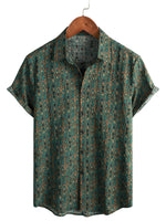 Men's Vintage Cotton Shirt in Paisley Pattern from the 70s, Green, Boho, Retro, Tribal, with Short Sleeve