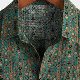 Short-Sleeve Vintage Paisley Print 70s Green Boho Retro Tribal Shirt