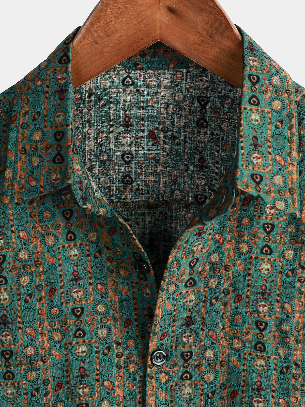 Short-Sleeve Vintage Paisley Print 70s Green Boho Retro Tribal Shirt
