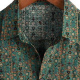 Men's Vintage Cotton Shirt in Paisley Pattern from the 70s, Green, Boho, Retro, Tribal, with Short Sleeve