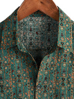 Men's Vintage Cotton Shirt in Paisley Pattern from the 70s, Green, Boho, Retro, Tribal, with Short Sleeve