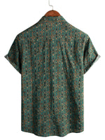 Men's Vintage Cotton Shirt in Paisley Pattern from the 70s, Green, Boho, Retro, Tribal, with Short Sleeve