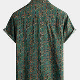 Short-Sleeve Vintage Paisley Print 70s Green Boho Retro Tribal Shirt