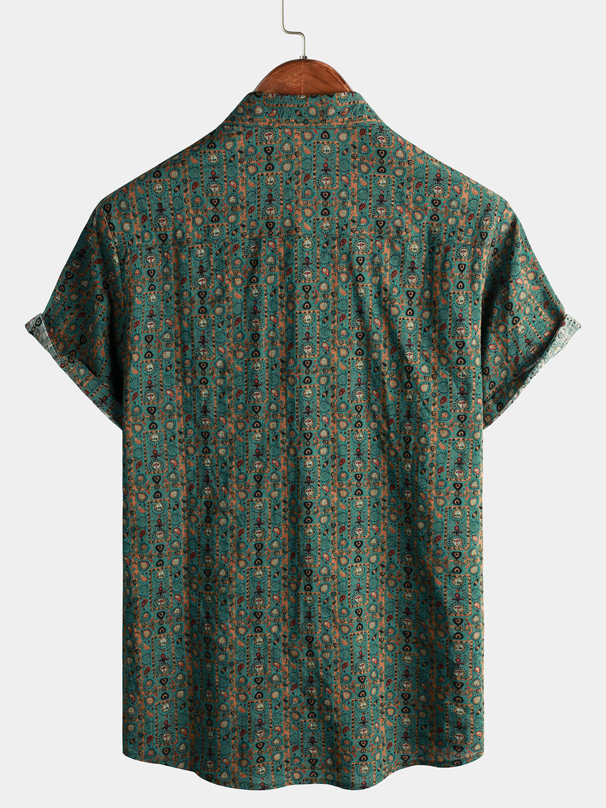 Short-Sleeve Vintage Paisley Print 70s Green Boho Retro Tribal Shirt