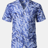 Button-Up Short Sleeve Blue Tropical Print Shirt with Pocket, Resort Style