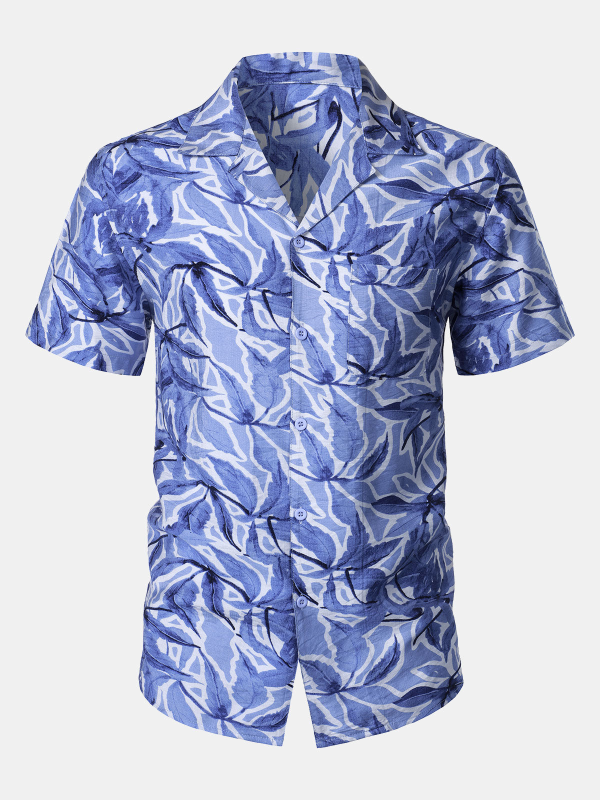 Button-Up Short Sleeve Blue Tropical Print Shirt with Pocket, Resort Style