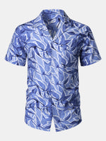 Button-Up Short Sleeve Blue Tropical Print Shirt with Pocket, Resort Style
