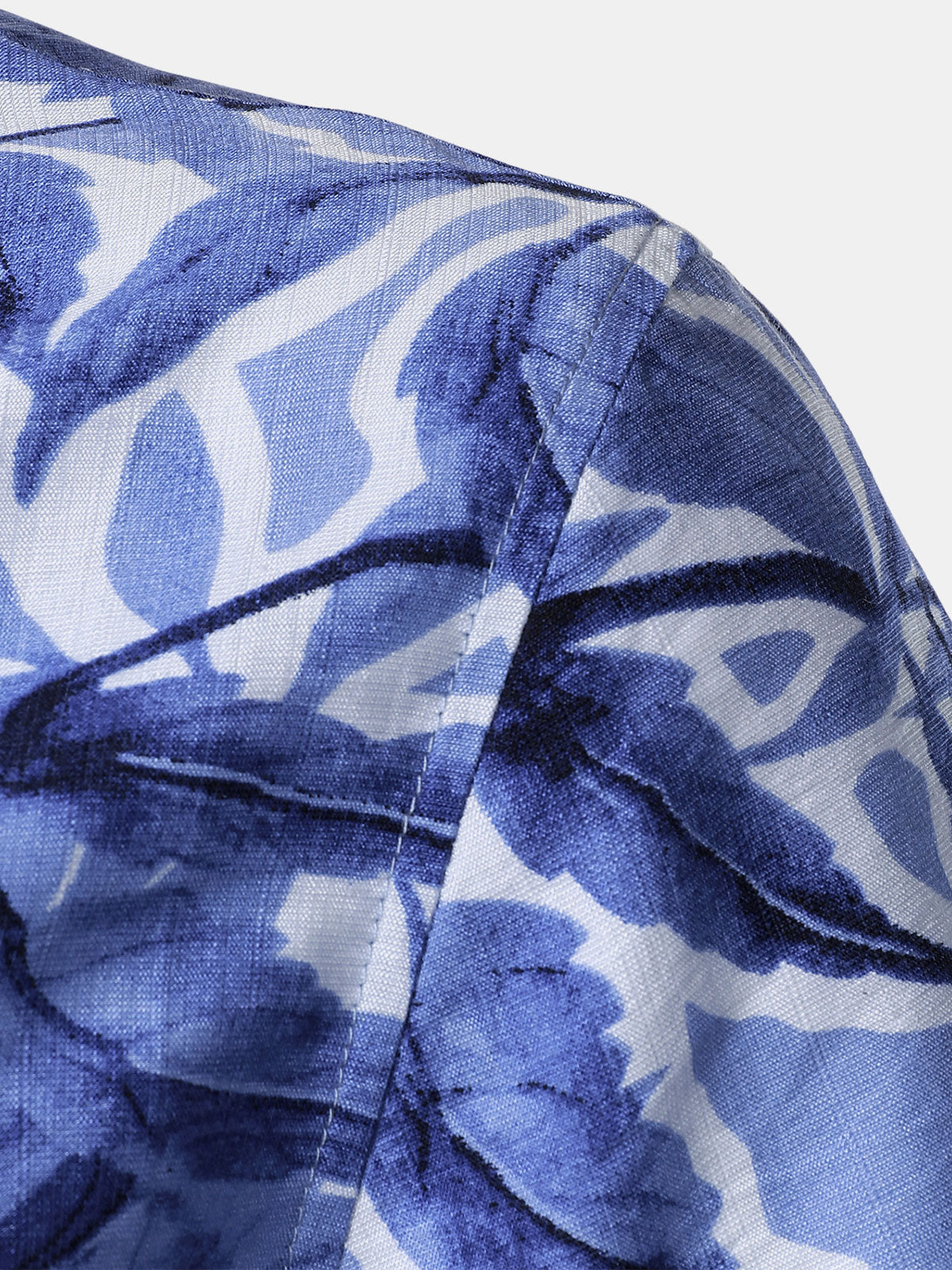 Button-Up Short Sleeve Blue Tropical Print Shirt with Pocket, Resort Style