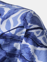 Button-Up Short Sleeve Blue Tropical Print Shirt with Pocket, Resort Style