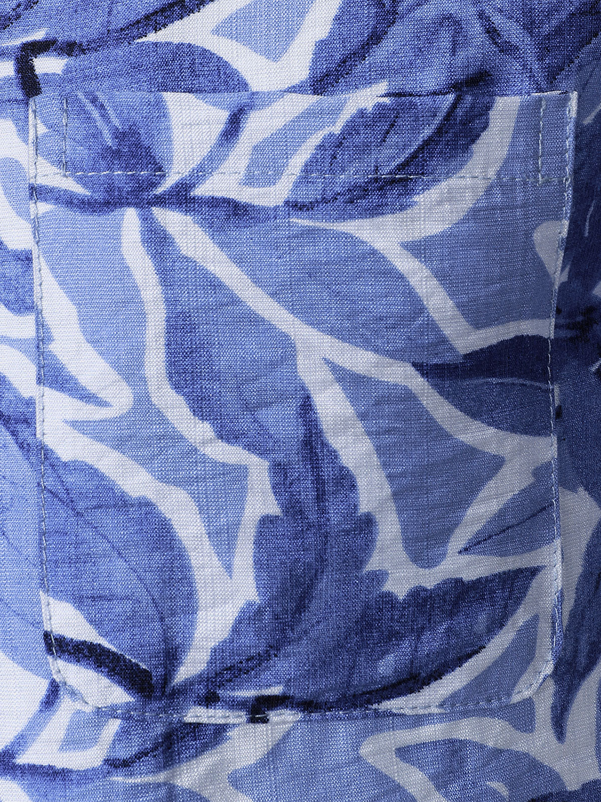 Button-Up Short Sleeve Blue Tropical Print Shirt with Pocket, Resort Style