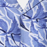Button-Up Short Sleeve Blue Tropical Print Shirt with Pocket, Resort Style