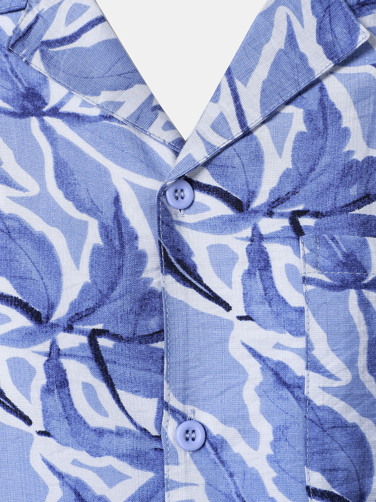 Button-Up Short Sleeve Blue Tropical Print Shirt with Pocket, Resort Style