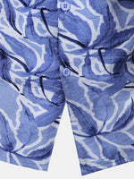Button-Up Short Sleeve Blue Tropical Print Shirt with Pocket, Resort Style