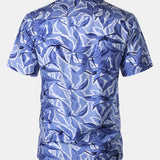Button-Up Short Sleeve Blue Tropical Print Shirt with Pocket, Resort Style