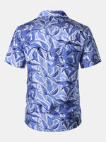 Button-Up Short Sleeve Blue Tropical Print Shirt with Pocket, Resort Style