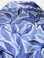 Button-Up Short Sleeve Blue Tropical Print Shirt with Pocket, Resort Style