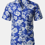 Button-Up Short Sleeve Blue Floral Print Shirt with Pocket, Hawaiian Style Cuban Collar