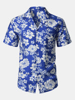 Button-Up Short Sleeve Blue Floral Print Shirt with Pocket, Hawaiian Style Cuban Collar