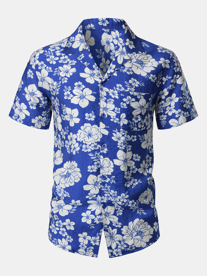 Button-Up Short Sleeve Blue Floral Print Shirt with Pocket, Hawaiian Style Cuban Collar