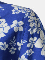 Button-Up Short Sleeve Blue Floral Print Shirt with Pocket, Hawaiian Style Cuban Collar