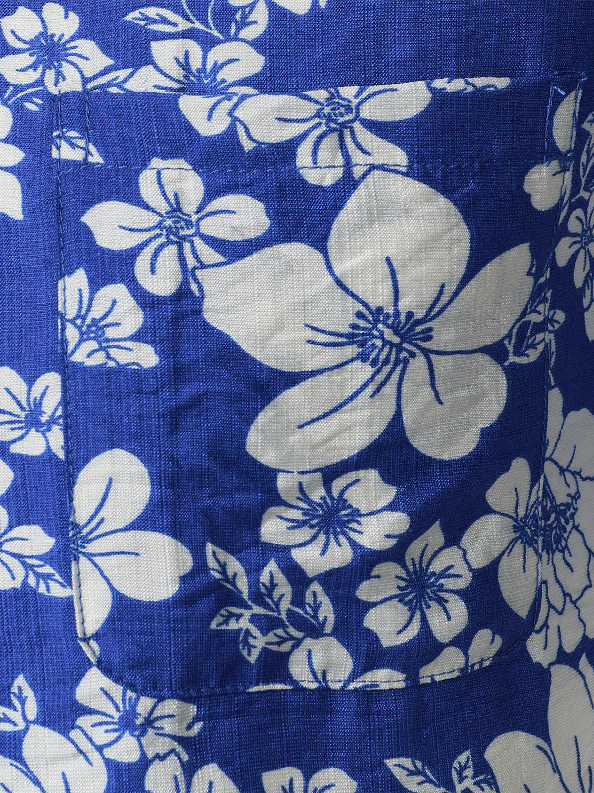 Button-Up Short Sleeve Blue Floral Print Shirt with Pocket, Hawaiian Style Cuban Collar