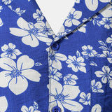 Button-Up Short Sleeve Blue Floral Print Shirt with Pocket, Hawaiian Style Cuban Collar