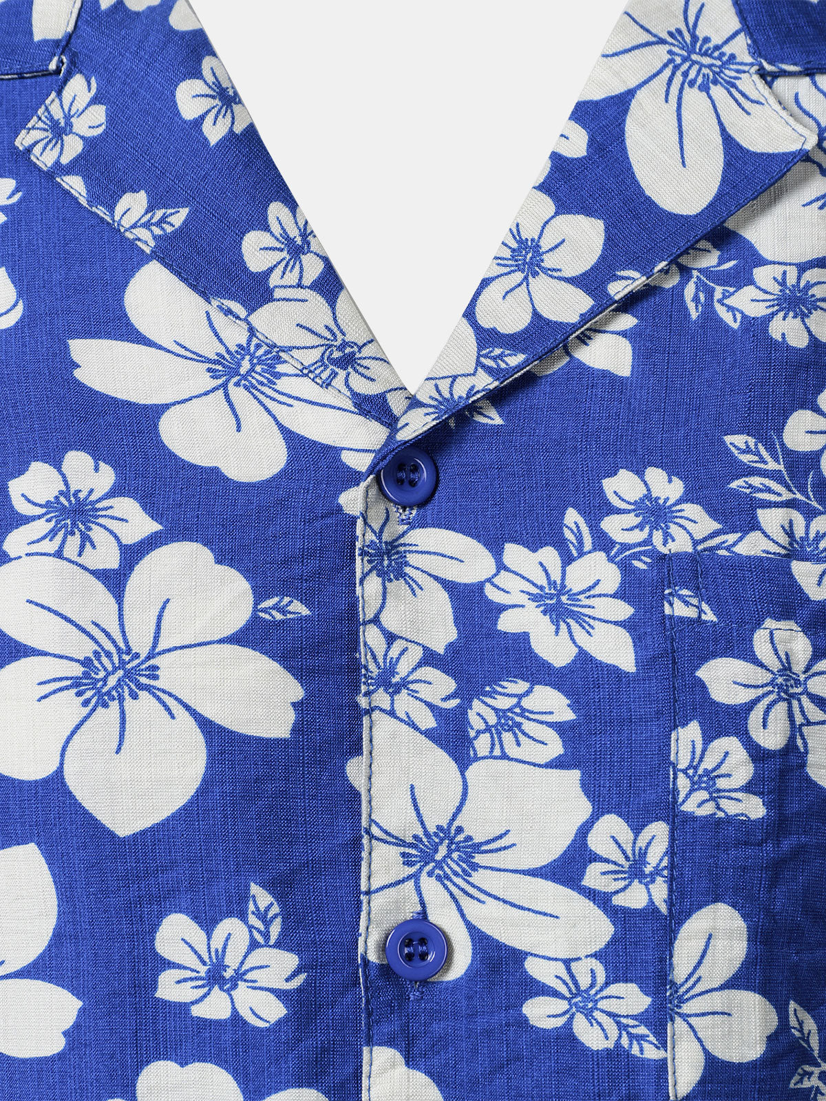 Button-Up Short Sleeve Blue Floral Print Shirt with Pocket, Hawaiian Style Cuban Collar