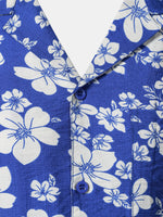 Button-Up Short Sleeve Blue Floral Print Shirt with Pocket, Hawaiian Style Cuban Collar