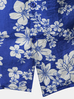 Button-Up Short Sleeve Blue Floral Print Shirt with Pocket, Hawaiian Style Cuban Collar